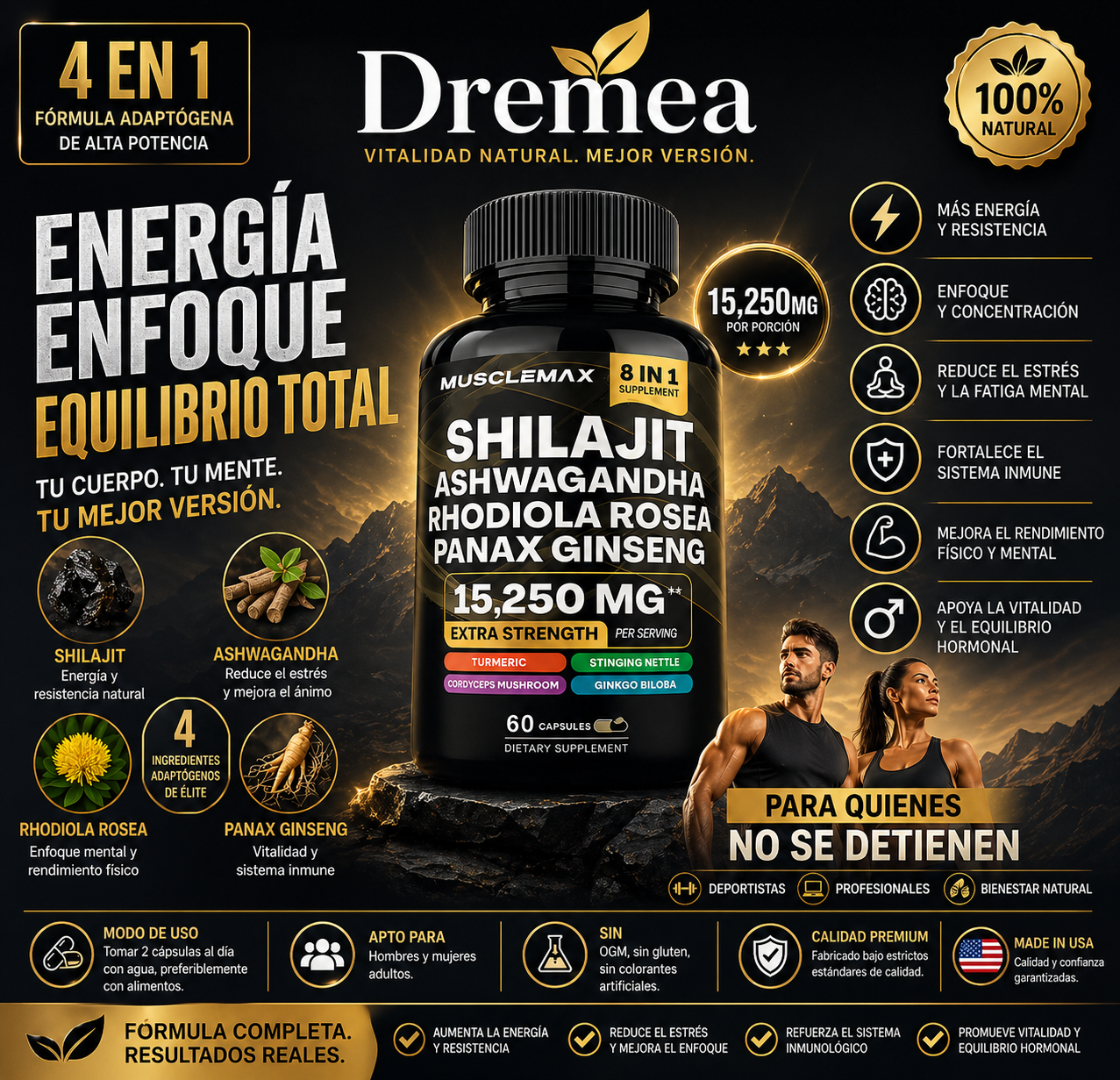 Shilajit + Ashwagandha + Rhodiola Rosea + Panax Ginseng – Suplemento Natural Energizante 60 Cápsulas