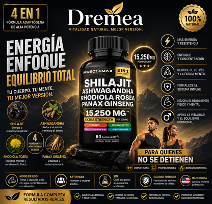 Shilajit + Ashwagandha + Rhodiola Rosea + Panax Ginseng – Suplemento Natural Energizante 60 Cápsulas